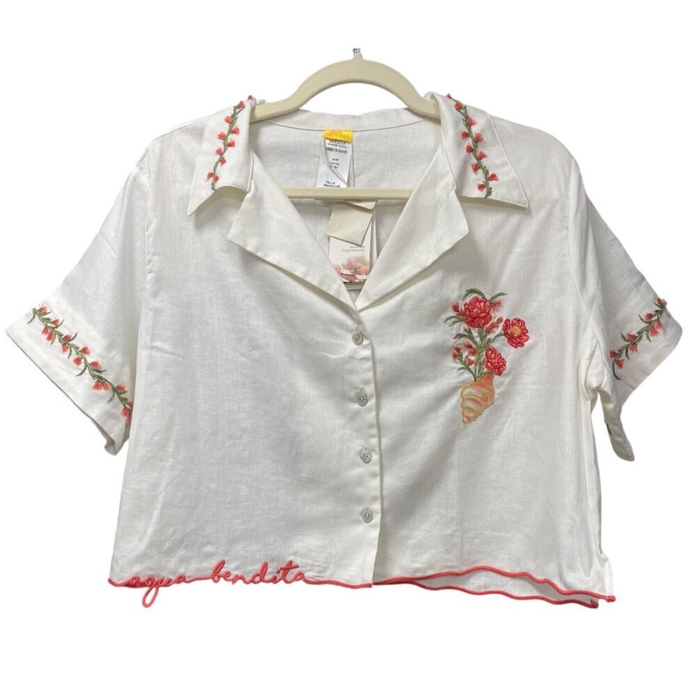 Agua Bendita Embroidered Crop Shirt Floral Large NWT